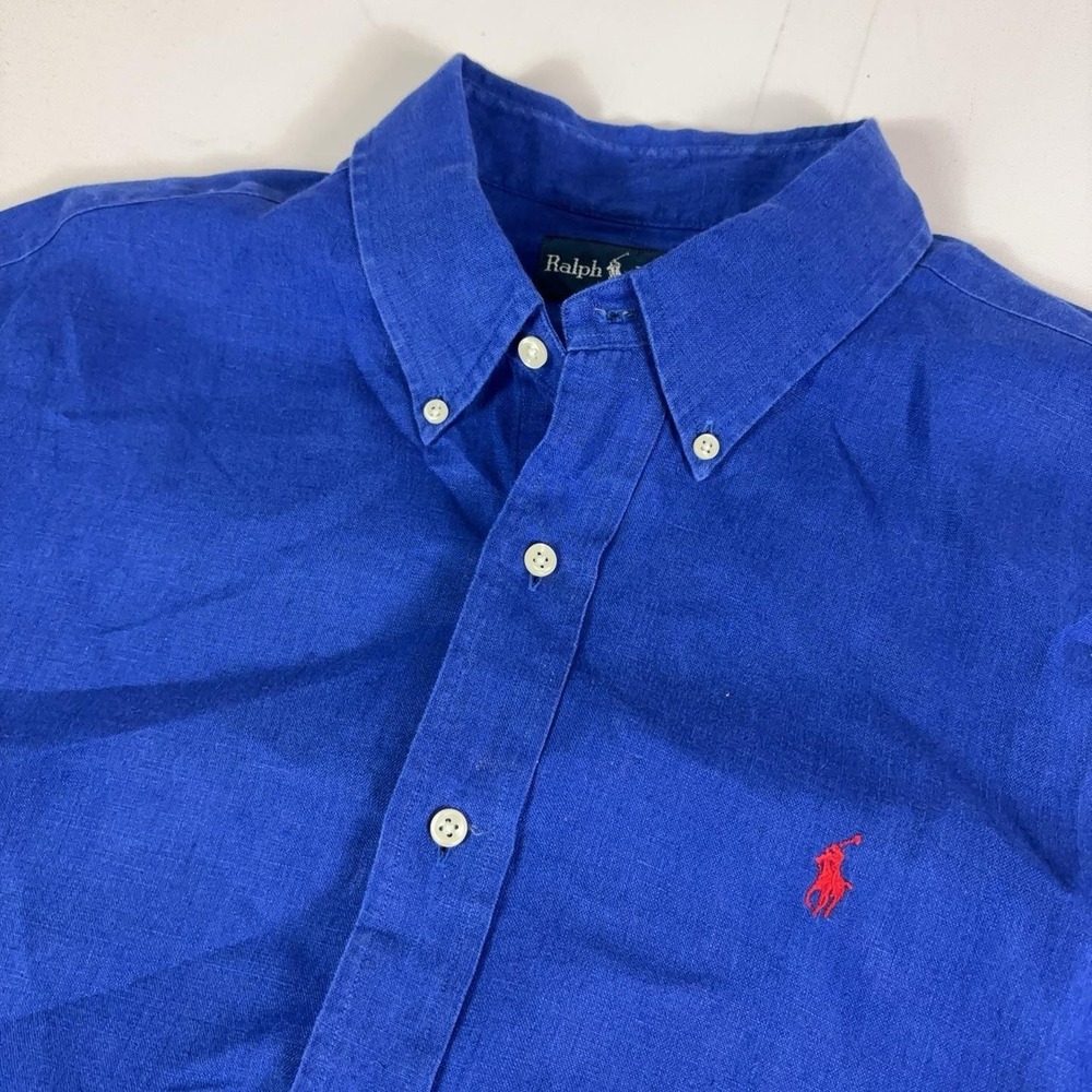 Vintage Ralph Lauren Linen Shirt Mens XL Blue Short Sleeve Button Classic Fit